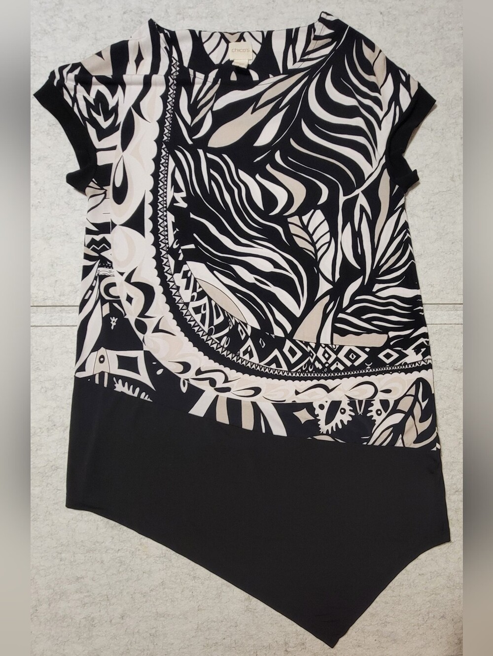 Chico's Black White Abstract Print Asymmetrical Tunic Top Size 1 M